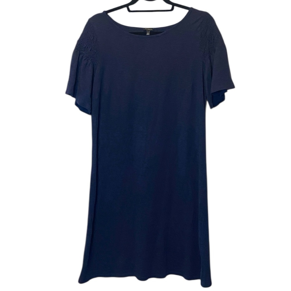Talbots Smocked Sleeve Shift Dress Large Navy Blue Short Casual Boat Neck Mini